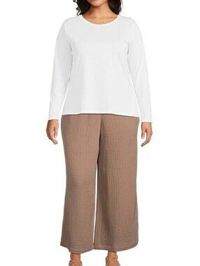 NWT Eileen Fisher White Long Sleeve Round Neck Top Quiet Luxury Elevated Basics